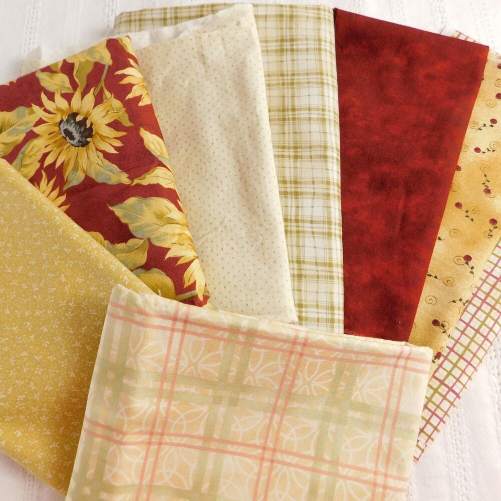 Quilting Fabric Cotton Red Gold Flower Plaid 100% Cotton Lot of 8 Pieces 1.13 lb